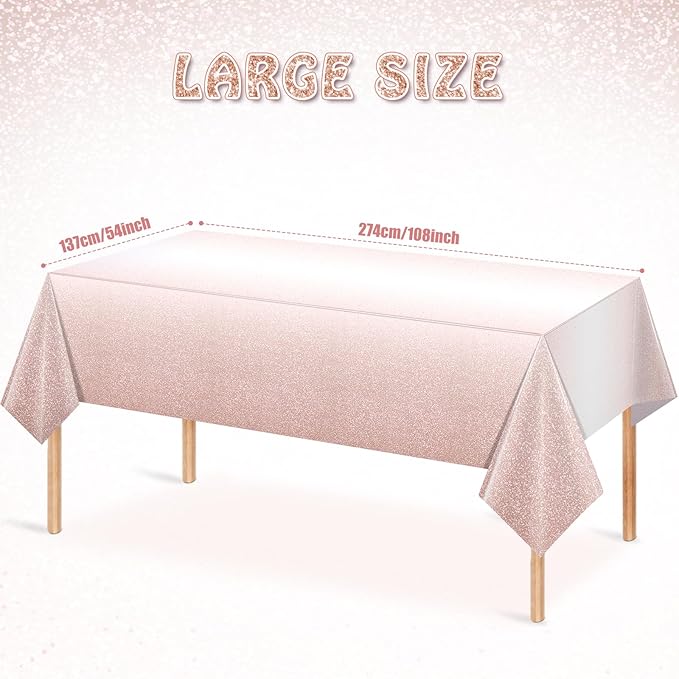 6 Pack Ombre Rose Gold Plastic Tablecloth for Parties, Gradient Pastel Rose Gold Disposable Tablecloths for Rectangle Tables, Light Pink Sprinkle Table Cover for Wedding Birthday Party, 54 x 108 Inch