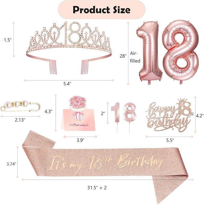 18th birthday decorations for girls, Including 18th Happy Birthday Gifts Queen Sash with Pearl Pin, Sweet Rhinestone Tiara Crown, Cake Toppers, Number Candles and Balloons Set, Rose Gold