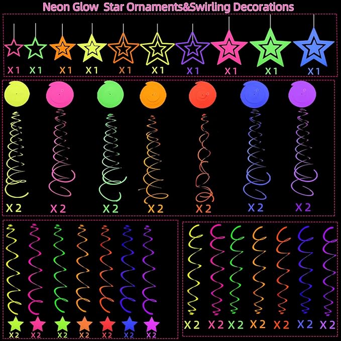 52 PCS UV Neon Rainbow Ceiling Swirl Decoration Hanging Neon Streamer for Ceiling Neon Garlands Black Light Neon Decorations for Dark Glow Party Supplies and Decorations Birthday Neon Party Favors