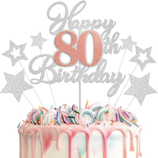 Happy 80th Birthday Cake Toppers, Rose Gold Silver Glitter Cake Decorations Set, 80th Birthday Decor, Birthday Anniversary Party Decorations Supplies