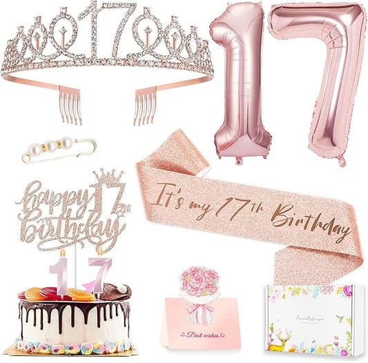 17th Birthday Decorations for Girls, 17th Birthday Sash and Crown, Cake Topper, Number Candles and Balloons, 17 Year Old Gifts for Girls