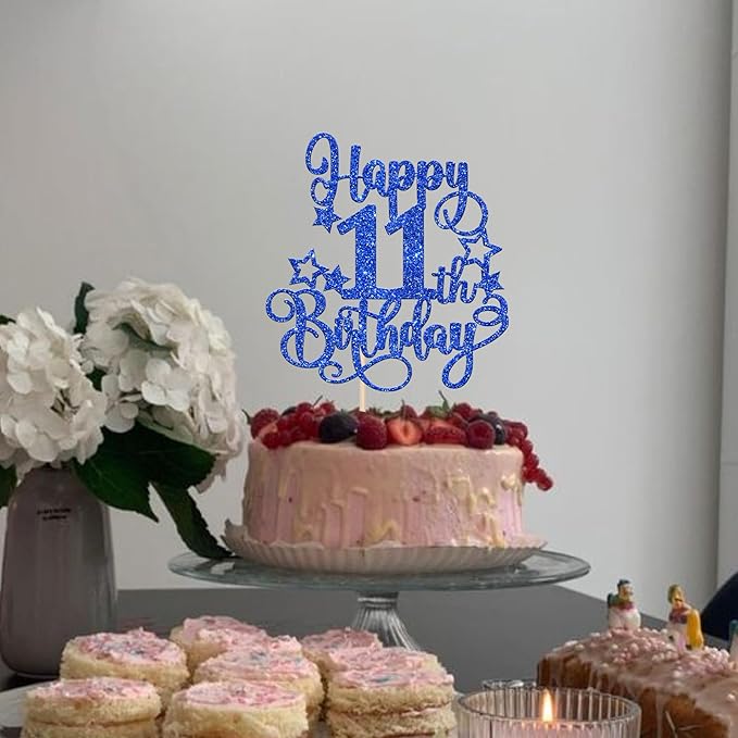1 PCS Happy 11th Birthday Cake Topper Glitter Cheers to 11 Years Birthday Cake Pick Hello 11 Fabulous Cake Decoration for Happy 11th Birthday Anniversary Party Decorations Supplies Blue