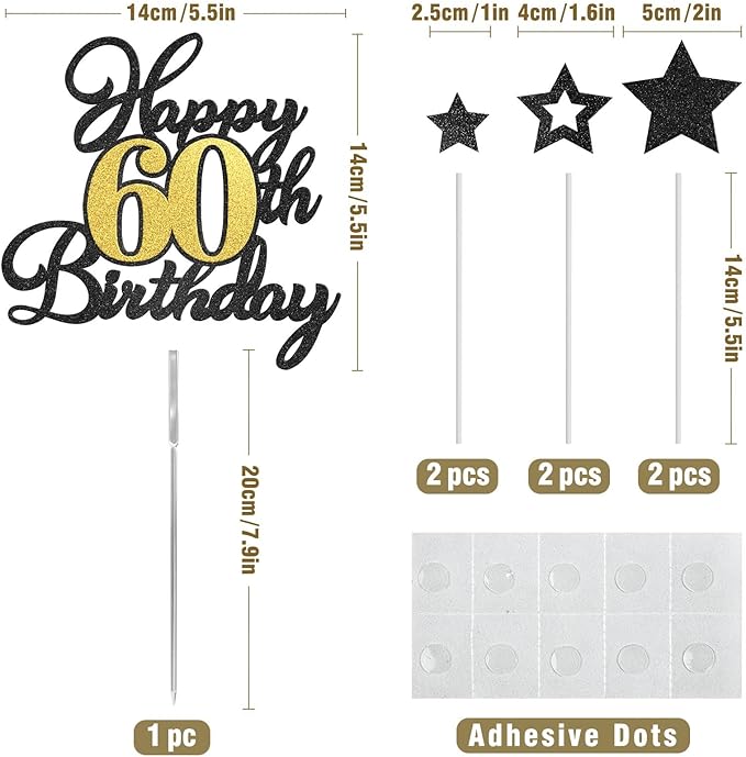 Happy 60th Birthday Cake Toppers, Black Gold Glitter Cake Decorations Set, 60th Birthday Decor for Men Women, Birthday Anniversary Party Decorations Supplies