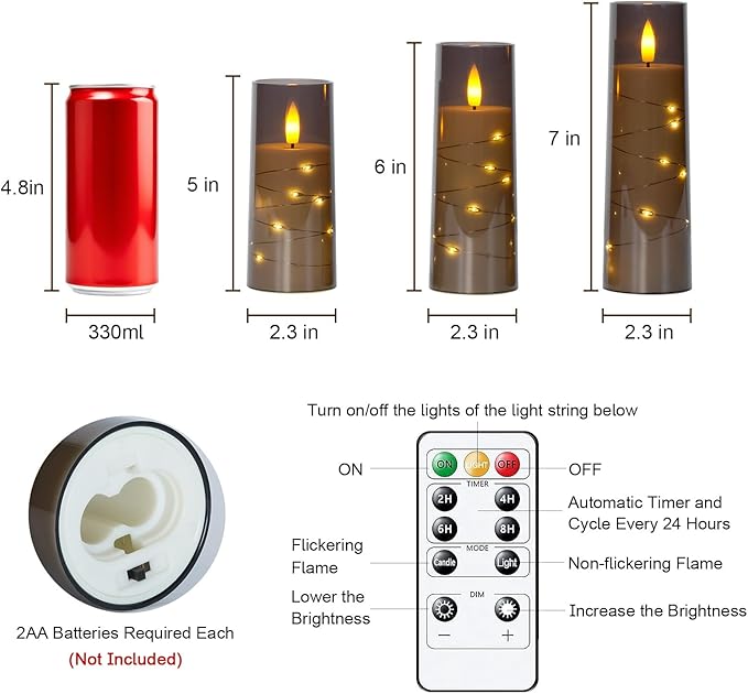 Raycare Flameless Candle with Remote Timer, 3 Flickering Acrylic Battery Operated LED Pillar Candles with Embedded Star String for Christmas, Home Decor, and as a Gift(Grey)