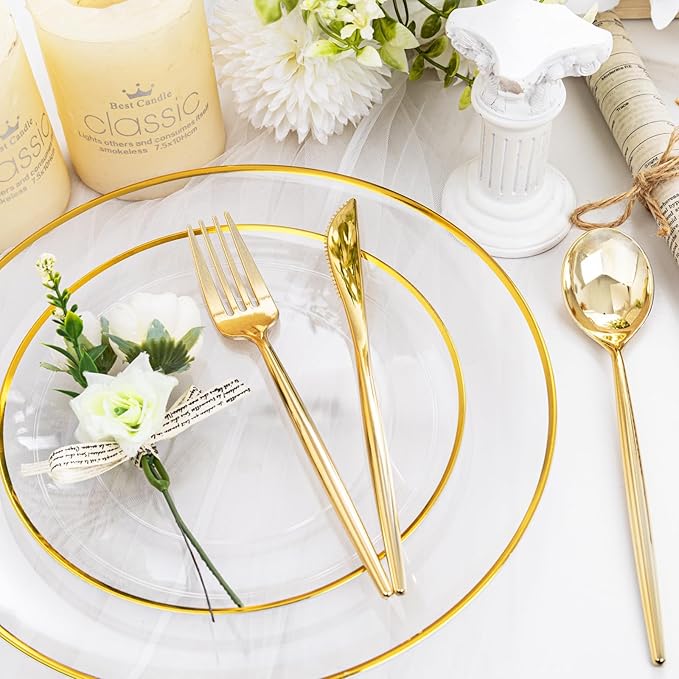 LIYH 360 Pcs Gold Christmas Plastic Silverware - Elegant Gold Silverware Disposable Christmas Utensils Set for Weddings, Parties & Events - Includes Forks, Spoons, Knives, Cutlery Tableware