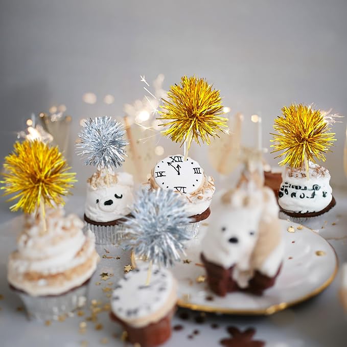 Gyufise 30Pcs Foil Firework Cupcake Toppers Sparkle Tinsel Cake Toppers Tinsel Drink Cake Decoration Cocktail Picks for Birthday Wedding Graduation Party Supplies Gold Silver