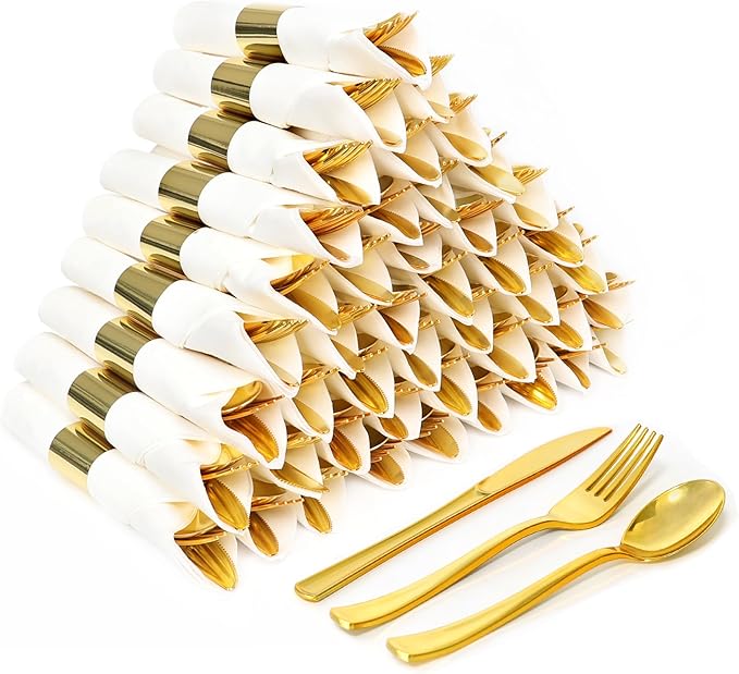 75 Pack Pre Rolled Gold Plastic Silverware Set,Wrapped Plastic Cutlery Set with Napkin Include 75 Forks,75 Spoons,75 Knives and 75 White Napkins for Party, Wedding,Birthday,Christmas