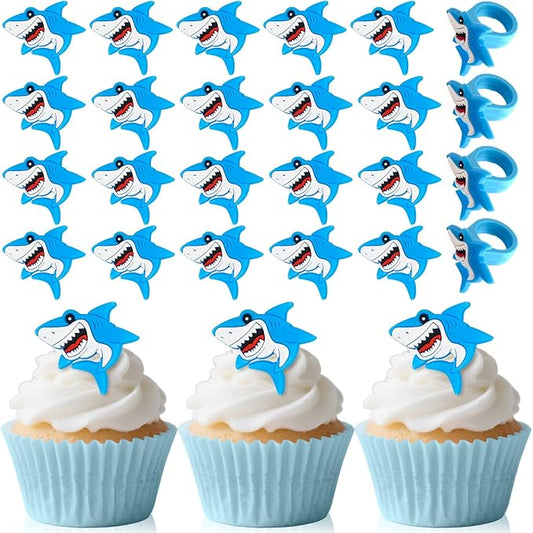 24 PCS Shark Cupcake Toppers Shark Fin Cake Toppers for Ocean Animals Theme Party Supplies Family Baby Shower Birthday Summer Holiday Beach Decorations
