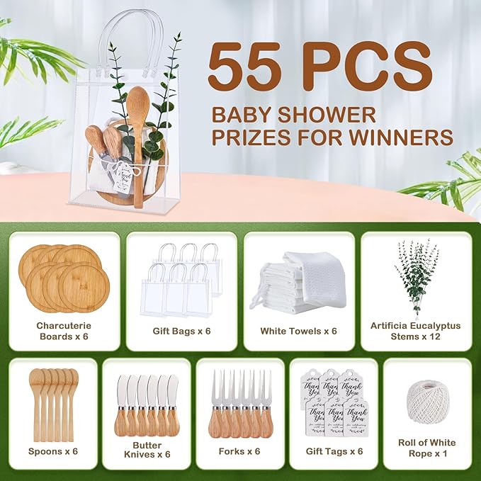 55Pcs Baby Shower Prizes for Game Winners 6 Sets Cheese Board Spoon Fork Butter Spreaders Plaid Towel Thank You Card and Gift Bags for Baby Shower Wedding Bridal Shower Favors (Round Shaped)