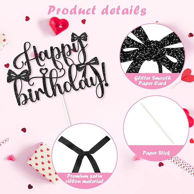 6 PCS Bow Cake Toppers Happy Birthday Cupcake Toppers Black Bows for Cake Coquette Birthday Decorations Party Decor Balloons High Footed Cup Wedding Party Supplies Baby Shower