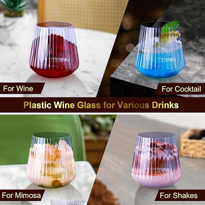 40 Pack Plastic Ribbed Wine Glasses, 14Oz Origami Disposable Wine Glasses Unbreakable Clear Plastic Cocktail Glasses Recyclable Shatterproof Reusable Wine Cups (14oz-blue-40pack)