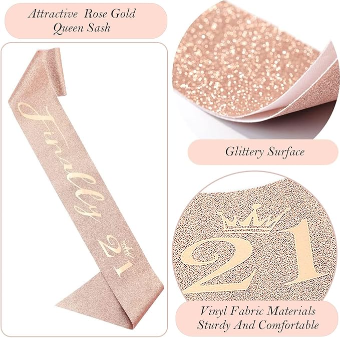 21st Birthday Gifts Decorations for Her, Including 21st Cake Toppers, Birthday Queen Sash with Pearl Pin, Sweet Rhinestone Tiara Crown, Number Candles and Balloons Set, Rose Gold