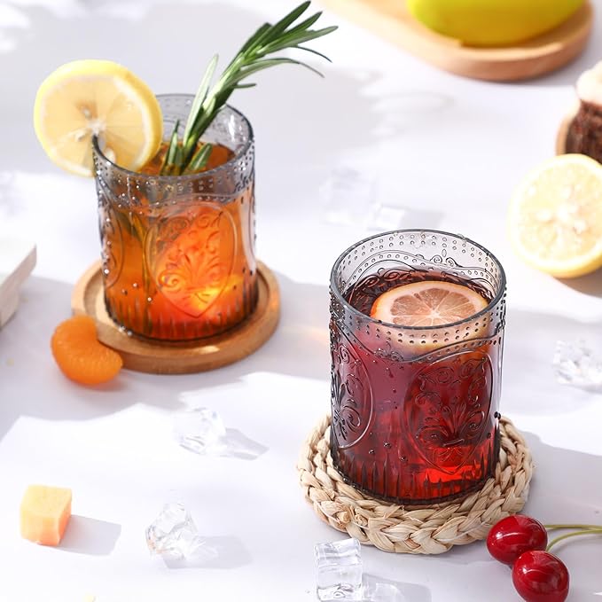 12 Plastic Vintage Drinking Glasses 8.5oz Stemless Retro Embossed Wine Glasses Shatterproof Reusable Cups for Baby Shower Wedding Reception Grand Event Party (Black)