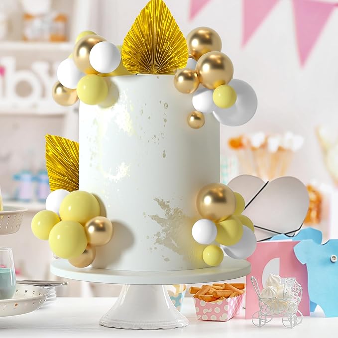 NEBURORA 64 Pcs Balls Cake Toppers and Leaves Decoration Set Mini Balloons for Cake Decorating Supplies Balls Cake decorations for Baby Shower Cake Toppers Birthday Cake Decorations (Yellow Gold)