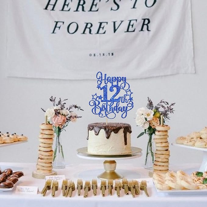 1 PCS Happy 12th Birthday Cake Topper Glitter Cheers to 12 Years Birthday Cake Pick Hello 12 Fabulous Cake Decoration for Happy 12th Birthday Anniversary Party Decorations Supplies Blue