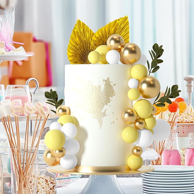 NEBURORA 64 Pcs Balls Cake Toppers and Leaves Decoration Set Mini Balloons for Cake Decorating Supplies Balls Cake decorations for Baby Shower Cake Toppers Birthday Cake Decorations (Yellow Gold)