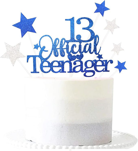 Glittery 13 Ofiicial Teenager Cake Topper with Star Boys and Girls 13th Birthday Party Supplies,Thirteen Years Old Birthday Party Decorations Royal Blue