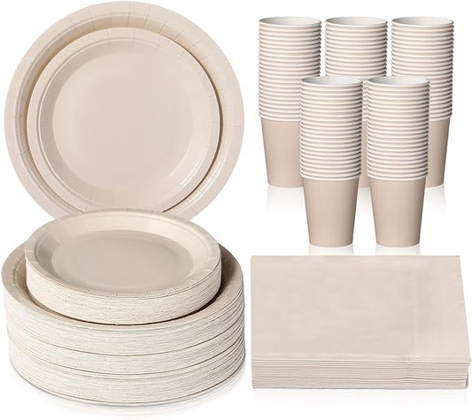 Tioncy 200 Pcs Disposable Paper Plates Cups and Napkins Christmas Party Supplies Serve 50 Guests Disposable Paper Dinnerware Set for Birthday Wedding Baby Shower Family Picnic(Ivory)