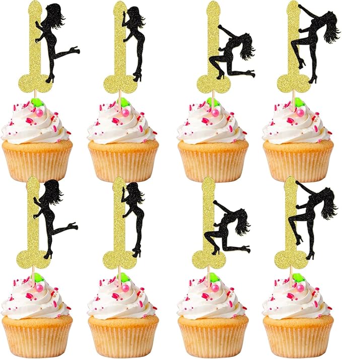 ZitTRo 28 Pcs Pole Dancing Girl Cupcake Toppers, Black-gold Glitter Pole Bachelorette Cupcake Picks, Pole Dancers Cupcake Decorations for Night Out Hen Movie Party，Valentine's Day
