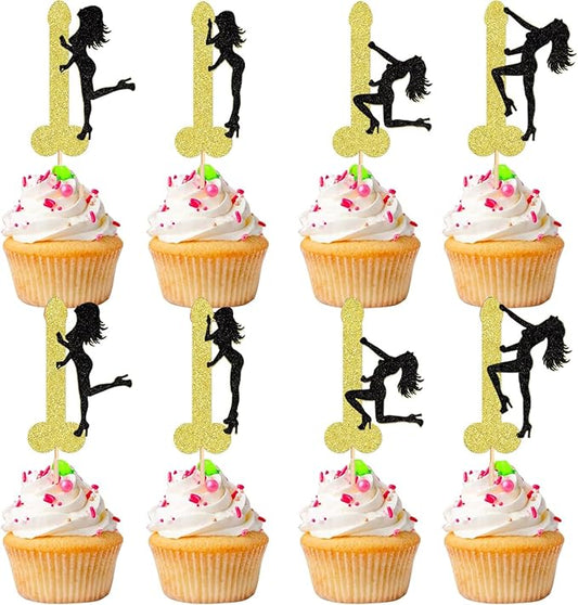 ZitTRo 28 Pcs Pole Dancing Girl Cupcake Toppers, Black-gold Glitter Pole Bachelorette Cupcake Picks, Pole Dancers Cupcake Decorations for Night Out Hen Movie Party，Valentine's Day