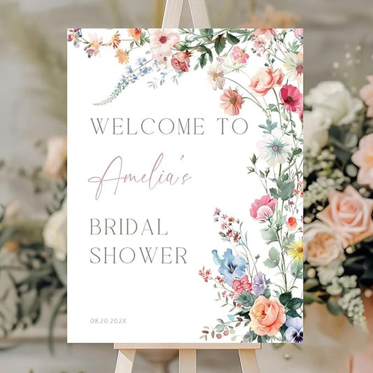 Personalized Bridal Shower Welcome Sign, Minimalist Wildflower Floral Poster, Modern Wedding Shower Welcome Board, Custom Bridal Decorations for Indoor or Outdoor Use - 01