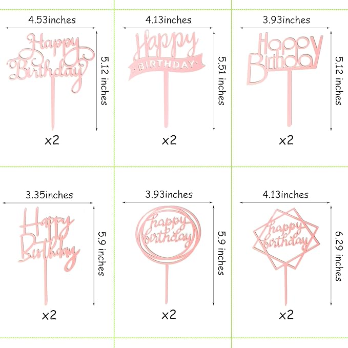 12 Pack Multi Styles Birthday Cake Topper Set, Acrylic Cake Bunting Decor Birthday Cake Picks Party Decorations Supplies(Pink)