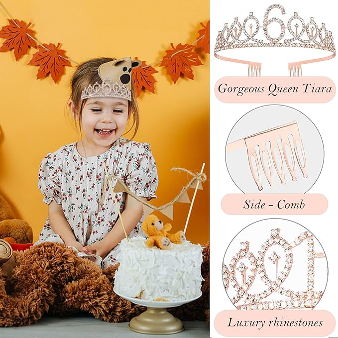 6th Birthday Decorations for Girls, Including 6 year old Birthday Cake Topper, Queen Sash with Pearl Pin, Sweet Rhinestone Tiara Crown, Number Candles and Balloons Set, Rose Gold