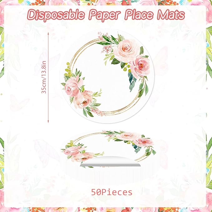 50 Pack Paper Placemats Disposable Pink Floral Wedding Disposable Placemats 13.7 Inch Rose Floral Round Place Mats Spring Summer Table Mats for Birthday Wedding Anniversary Bride Party Supplies