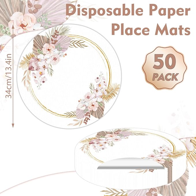 50 Pack Paper Placemats Disposable Boho Floral Leaves Place Mats 13.7 Inch Bohemian Round Table Mats for Birthday Spring Wedding Bridal Baby Shower Party Supplies
