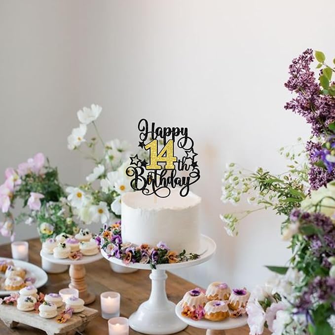 1 PCS Happy 14st Birthday Cake Topper Black Gold Glitter Cheers to 14 Years Birthday Cake Pick Hello 14 Fabulous Cake Decoration for Happy 14st Birthday Anniversary Party Decorations Supplies