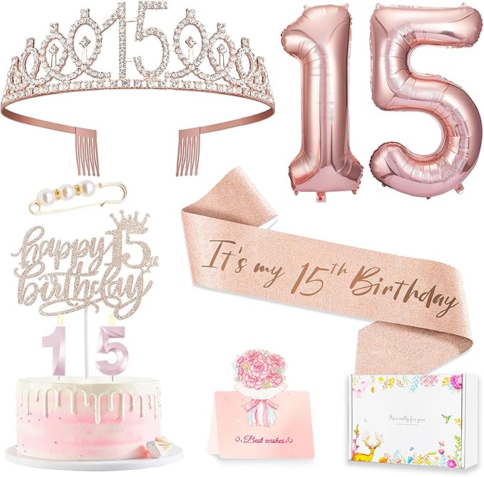 15th Birthday Decorations for Girls, 15th Birthday Sash and Crown, Cake Topper, Number Candles and Balloons, 15 Year Old Gifts for Girls