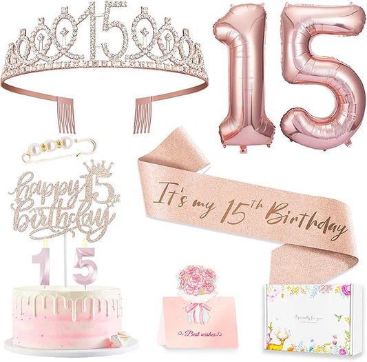 15th Birthday Decorations for Girls, 15th Birthday Sash and Crown, Cake Topper, Number Candles and Balloons, 15 Year Old Gifts for Girls