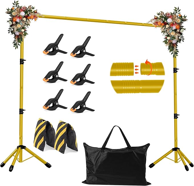 JSungo Backdrop Stand, Adjustable 10x7.5 FT Background Stand Backdrop for Parties, Photo Video Studio, Portable Photography Backdrop Stand with Carrying Bag, 6 Backdrop Clamps, and 2 Stand Bags, Gold