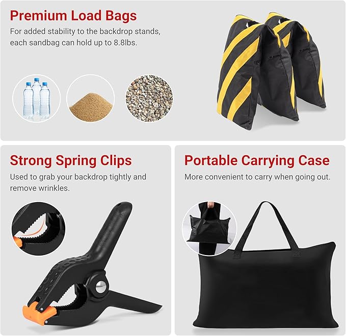 JSungo Backdrop Stand, Adjustable 10x7.5 FT Background Stand Backdrop for Parties, Photo Video Studio, Portable Photography Backdrop Stand with Carrying Bag, 6 Backdrop Clamps, and 2 Stand Bags