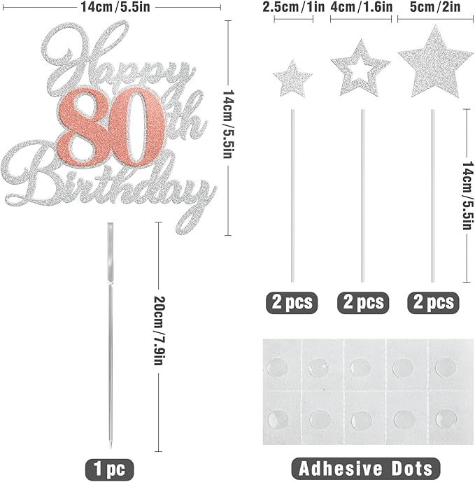 Happy 80th Birthday Cake Toppers, Rose Gold Silver Glitter Cake Decorations Set, 80th Birthday Decor, Birthday Anniversary Party Decorations Supplies