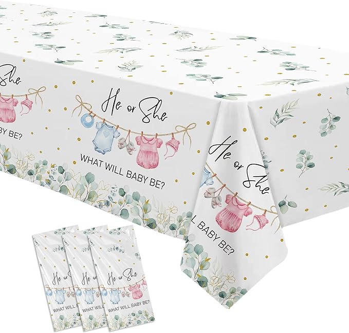 APOWBLS Gender Reveal Decorations Tablecloth, 3 Pack Disposable Greenery Baby Clothes Theme Boy or Girl Gender Reveal Baby Shower Party Supplies Table Cover, 55in x 86in