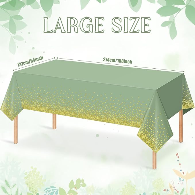 6 Pack Sage Green and Gold Plastic Tablecloth, Green Disposable Table Cloth for Rectangle Tables, Gold Stamping Dot Light Green Tablecloth for Baby Shower Birthday Wedding Party Decorations, 54"x108"