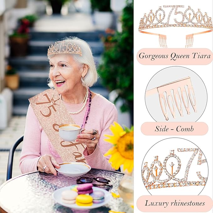 75th Birthday Gifts Decorations for Women, Including 75 year old Cake Topper, Birthday Queen Sash with Pearl Pin, Sweet Rhinestone Tiara Crown, Number Candles and Balloons Set, Rose Gold