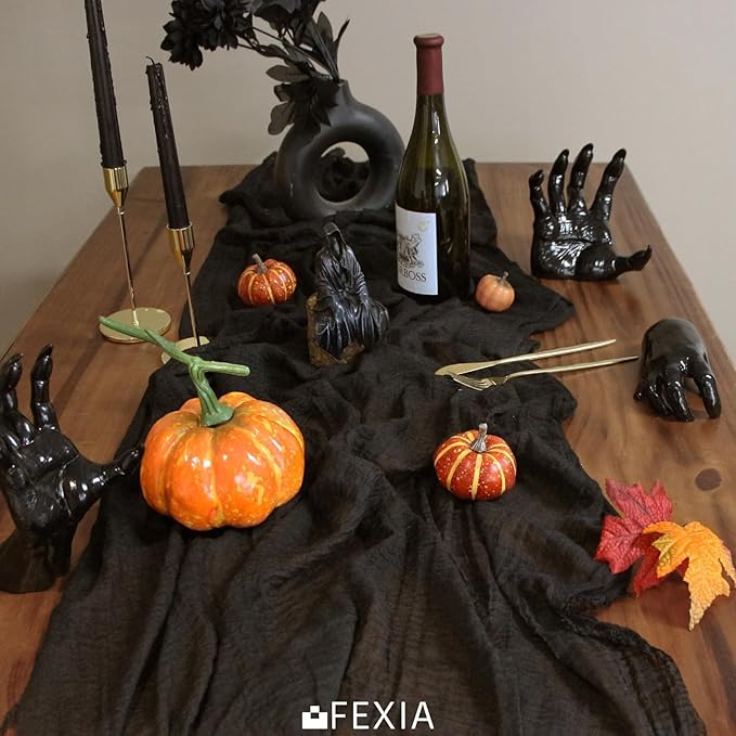 FEXIA Black Table Runner Cheesecloth 30x118 Inches Halloween Table Decor Rustic Boho Gauze for Wedding Baby Shower Bridal Shower First Communion and Home Decorations