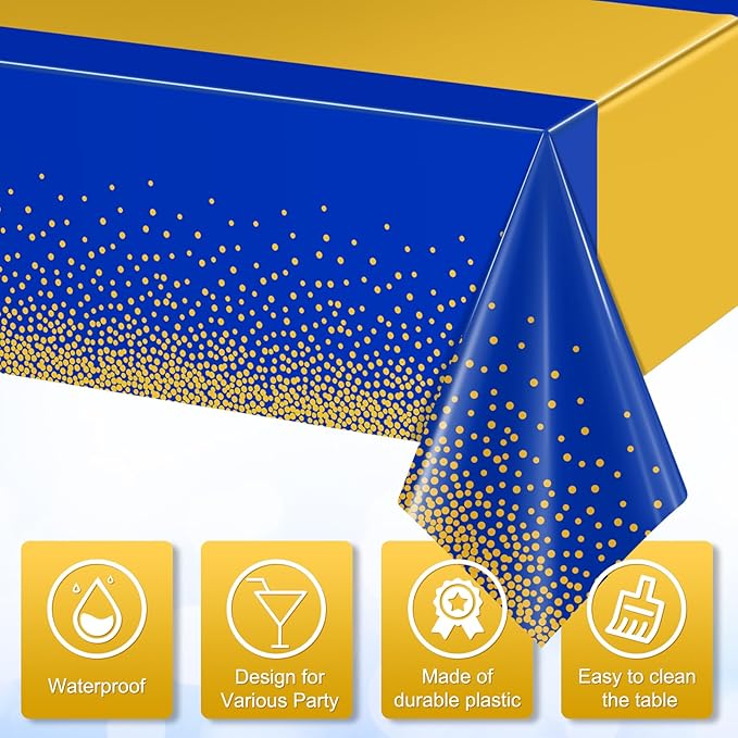 MASHAN 1Pcs Blue Gold Tablecloth Party Decorations,Plastic Royal Blue Table Cloth Printed Gold Table Runner Disposable Rectangle Cover for Birthday Anniversary Wedding Graduation Party,54 x108 Inch