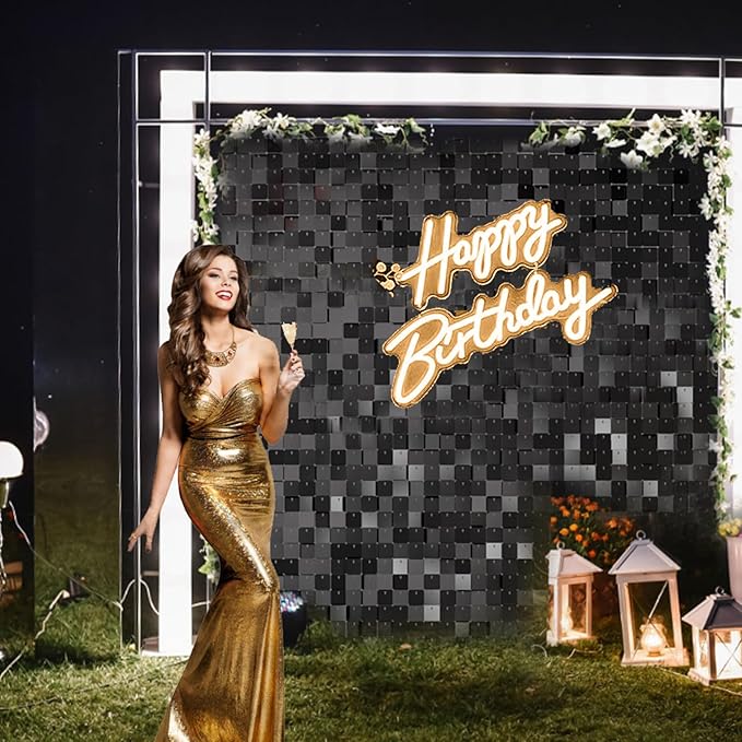 Shimmer Wall Sequin Backdrop, 48pcs Square Shimmer Wall Sequin Backdrop, DIY Party Shiny Decor for Wedding, Birthday, Anniversary, Graduation, Holiday&Home Background Supplies (Black)