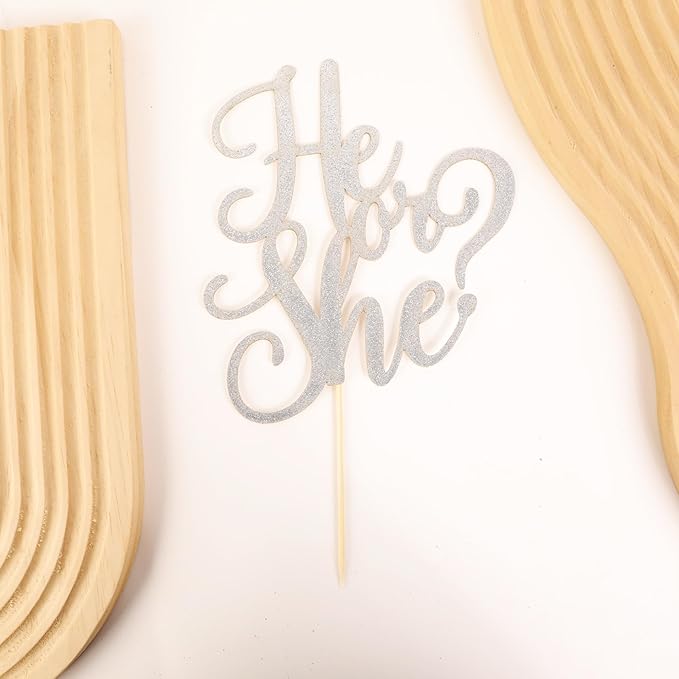 He or She Cake Topper - Glitter Silver Gender Reveal Cake Topper Decorations, Suitable for Baby Shower Favors, Baby Gender Reveal, Baby Birthday Party or Baby Photo Booth Props (Silver)