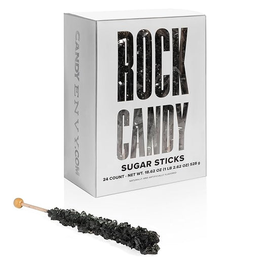 Black Rock Candy Sugar Sticks - Black Cherry Flavored - 24 Individually Wrapped Candy Party Favors