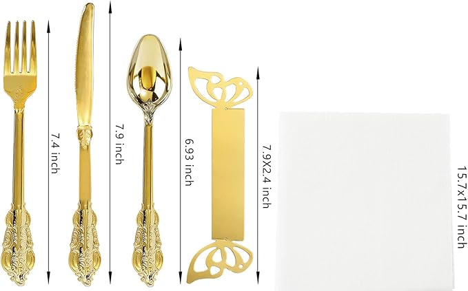 Nervure 200PCS Gold Plastic Silverware Set- Disposable Flatware - Disposable Gold Plastic Cutlery for Party- Includes 50 Forks,50 Spoons,50 Knives,50 Napkins,50 Butterfly Clasp