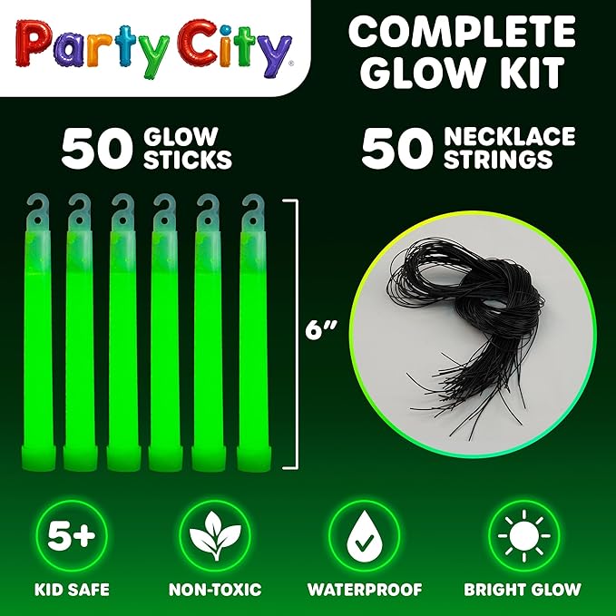 Party City Green Glow Sticks Bulk Pack 6”- 50pk Glow in the Dark Sticks for Kids, Waterproof Camping Survival Ultra Bright Emergency Light Stick with String, Neon Glowsticks Party Supplies Favors