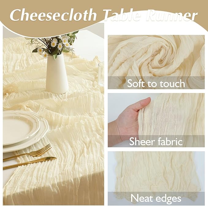 8 Pack Cheesecloth Table Runner Rustic Sheer Boho Gauze 35 x 120 Inch Centerpiece Cheese Cloth for Bridal Baby Shower Summer Spring Decorations Beige