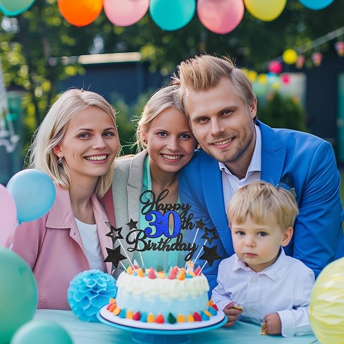 Happy 30th Birthday Cake Toppers, Black Blue Glitter Cake Decorations Set, 30th Birthday Decor, Birthday Anniversary Party Decorations Supplies