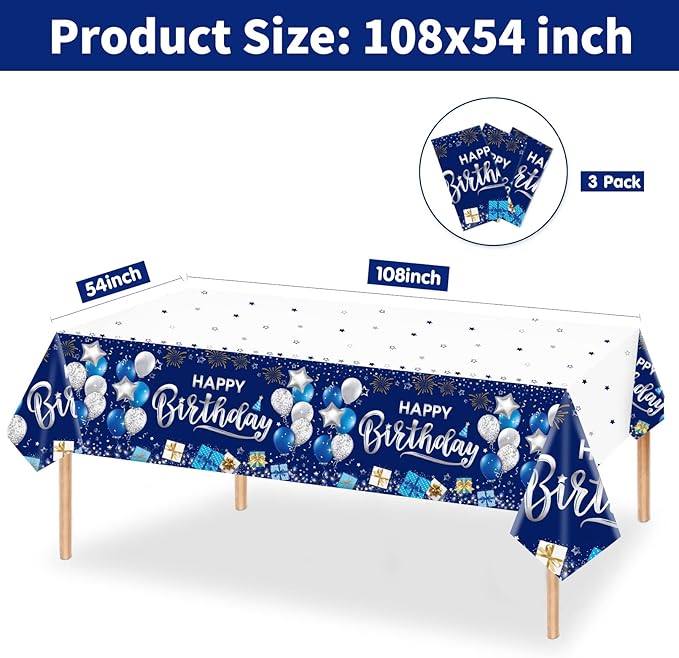 DUAIAI Happy Birthday Decorations, 3 Pcs Navy Blue and Silver Birthday Tablecloth for Boys Girls Men Women, Plastic Disposable Rectangle Table Cover for Birthday Party Supplies- 54" x 108"