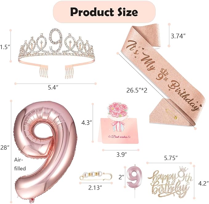 9th Birthday Decorations for Girls, Including 9 year old Birthday Cake Topper, Queen Sash with Pearl Pin, Sweet Rhinestone Tiara Crown, Number Candles and Balloons Set, Rose Gold