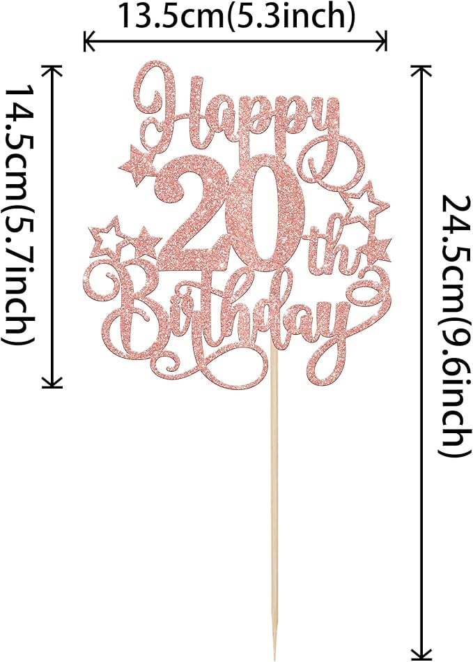 1 PCS Happy 20th Birthday Cake Topper Glitter Cheers to 20 Years Birthday Cake Pick Hello 20 Fabulous Cake Decoration for Happy 20th Birthday Anniversary Party Decorations Supplies Rose Gold